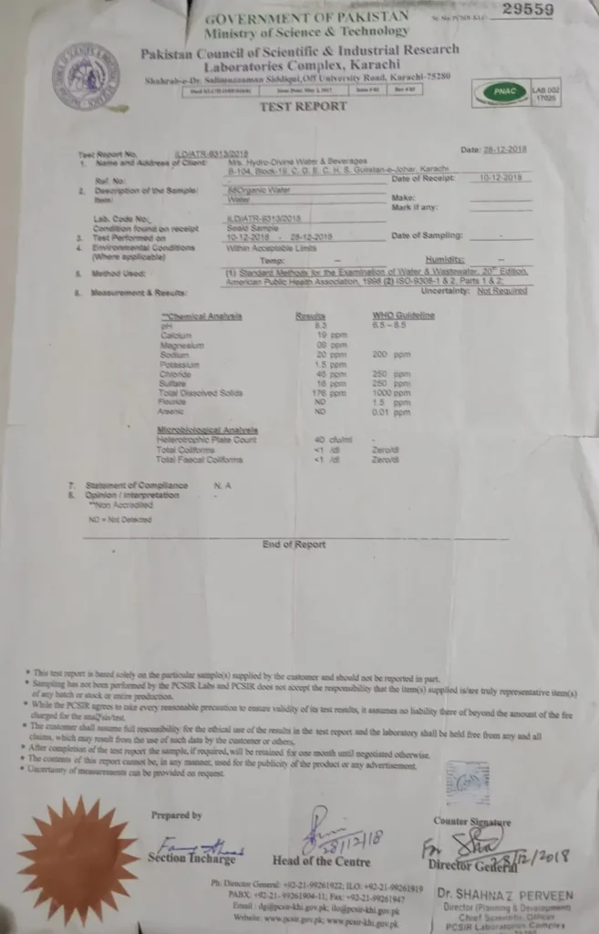 Registration of Organic Drinking Water