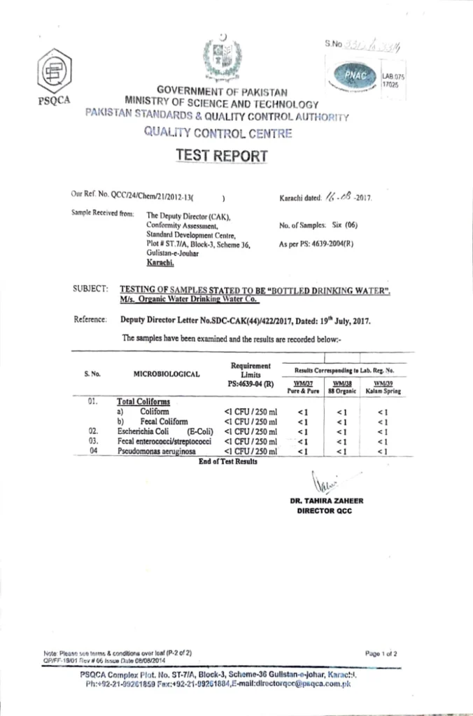 PSQCA test result for organic drinking water