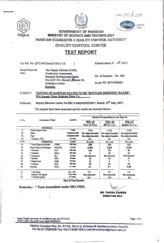 PSQCA test report for organic drinking water