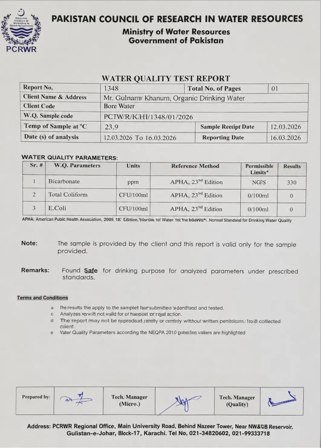 report for water test